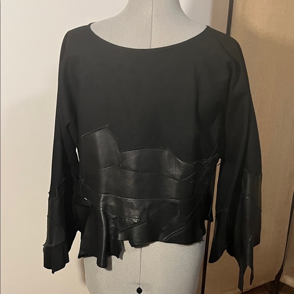 unknown designer Tops - Unique Black Leather Patchwork Long Sleeve Top